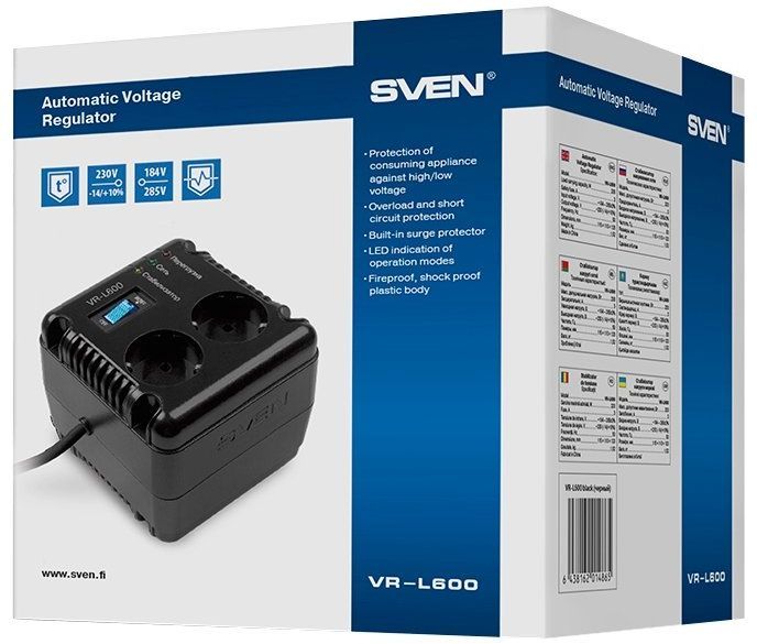 Стабилизатор Sven VR-L600 200Вт Выходные розетки, шт 2 × CEE7/4 (евророзетка)